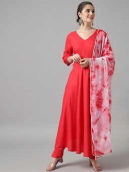 Meeranshi - Women Red And Pink Kurta With Trousers And Tie-dyed Dupatta (Set of 3)