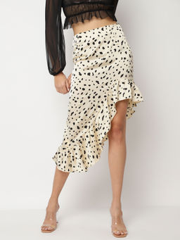 Missguided - Cream Dalmatian Print Ruffle Side Midi Skirt