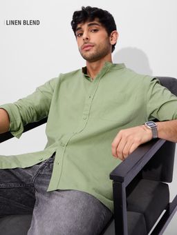 The Souled Store - Solid/Plain Light Green Cotton Linen Shirts
