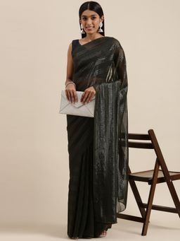 Akhilam - Womens Georgette Black Solid Celebrity Saree with Unstitched Blouse