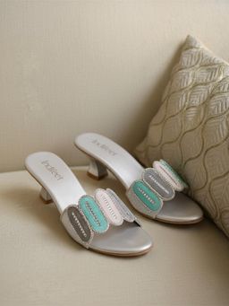 Indifeet - Silver Trendy & Traditional Embellished Kitten Heels