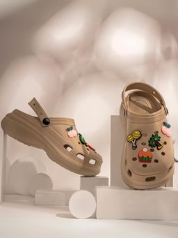 Indifeet - Brown Stylish and Waterproof Rubber Platform Slip On Clogs with Charms