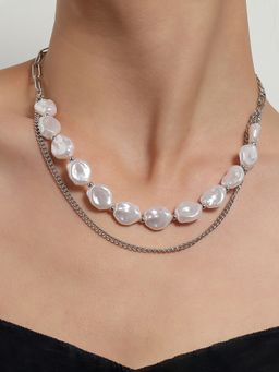 Yellow Chimes - Silver-Toned White Stone Multilayer Chain Designed Necklace