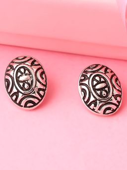 Estele - Rhodium Plated Oxidized Oval Shaped Stud Earrings with Black Enamel for Women