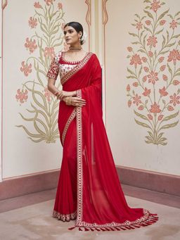Odette - Red Two Tone Vichitra Silk Embroidered Saree with Unstitched Blouse