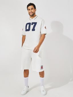 Styli - Men Off White Premium Terry Knit Oversize Polo T-Shirt & Varsity Short Co-Ord (Set of 2)