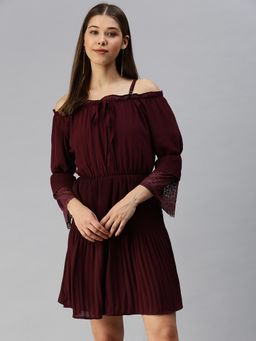 SHOWOFF - Women Maroon Self Design Shoulder Straps Fit and Flare Dress