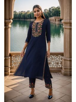 Soch - Womens Navy Blue Rayon Floral Embroidered Straight Kurta (Set of 2)