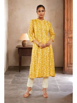 Soch - Mustard Rayon Floral Print Kurta