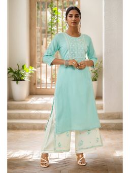 Soch - Powder Blue Rayon Slub Embroidered Kurta With Thread Work (Set of 2)