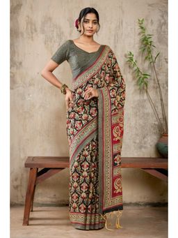 Soch - Womens Black Pashmina Floral Print Saree with Shawl and with Unstitched Blouse