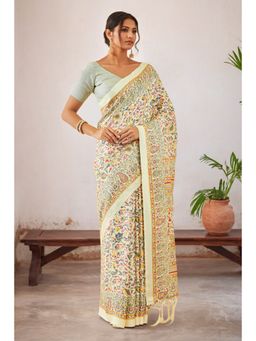 Soch - Womens Cream Pashmina Floral Print Saree with Shawl and with Unstitched Blouse