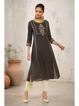 Soch - Womens Charcoal Black Rayon Embroidered Kurta with Mirror Work
