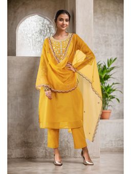 Soch - Women's Mustard Chanderi Embroidered Salwar Suit with Thread Work (Set of 3)