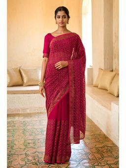 Soch - Womens Pink Chiffon Embroidered Saree with Unstitched Blouse