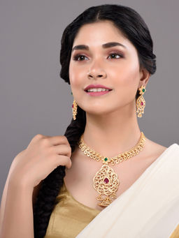 Saraf RS Jewellery - Gold Plated Multicolour Stone Pendant Style Necklace and Earring (Set of 2)