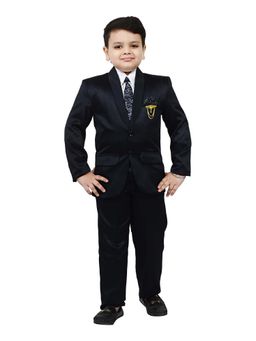 BT DEZINES - Boys Navy Blue Satin 4-Piece Coat Suit (Set of 4)