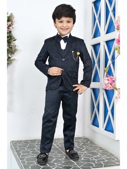 BT DEZINES - Boys Navy Blue Jacquard Satin 5 Piece Coat Suit (Set of 5)