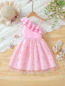 Oh Rare - Girls Pink Embroidered One Shoulder Dress