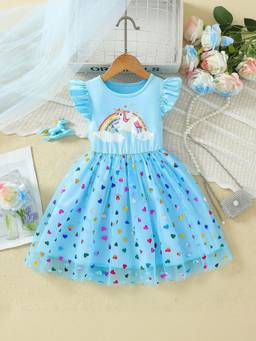 Oh Rare - Girls Blue Unicorn Rainbow Printed Party Dress