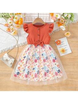 Oh Rare - Girls Rust Floral Printed Bow Mesh Princess Party Dress