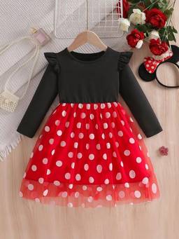 Oh Rare - Girls Black-Red Polka Dot Printed Dress
