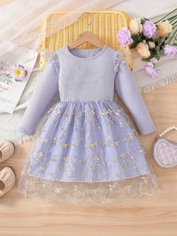 Oh Rare - Girls Lavender Floral Embroidered Party Dress