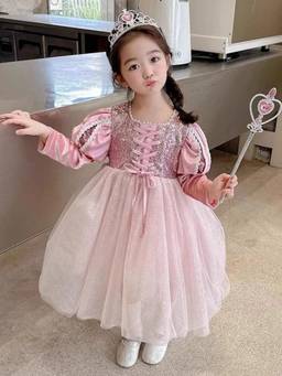 Oh Rare - Girls Pink Long Sleeves Sequined Stylish Party Dress