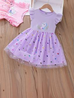 Oh Rare - Girls Lavender Unicorn Printed Short Sleeves Mesh Princess Party Dress