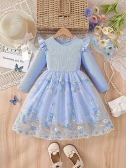 Oh Rare - Girls Blue Floral Embroidered Tulle Princess Party Dress