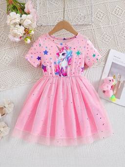 Oh Rare - Girls Pink Unicorn Graphic Printed Dress