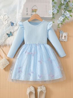 Oh Rare - Girls Blue Butterfly Sequined Long Sleeves Party Dress