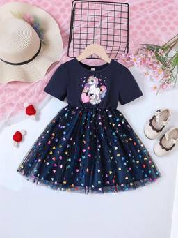 Oh Rare - Girls Navy Blue Unicorn Printed Short Sleeves Tulle Princess Party Dress