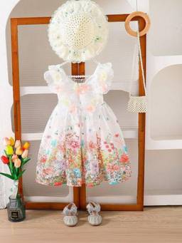Oh Rare - Girls White French Floral Printed Party Dress with Hat