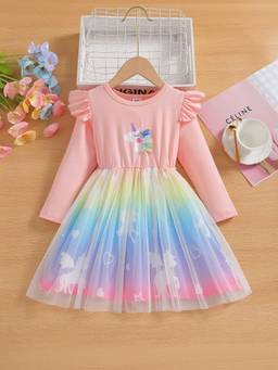 Oh Rare - Girls Peach Unicorn Printed Party Dress