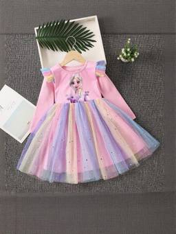 Oh Rare - Girls Multi-Color Graphic Printed Elsa Frozen Princess Dress