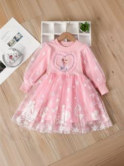 Oh Rare - Girls Pink Graphic Printed Elsa Frozen Princess Dress