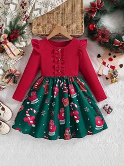 Oh Rare - Girls Red-Green Christmas Printed Party Dress