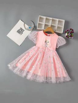 Oh Rare - Girls Peach Graphic Printed Elsa Frozen Princess Party Dress