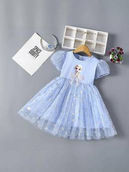 Oh Rare - Girls Blue Foil Printed Short Sleeves Party Dress