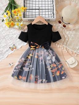 Oh Rare - Girls Black Printed Short Sleeves Mesh Princess Party Dress
