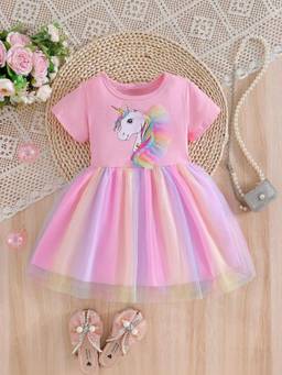 Oh Rare - Girls Pink Mesh Unicorn Printed Dress