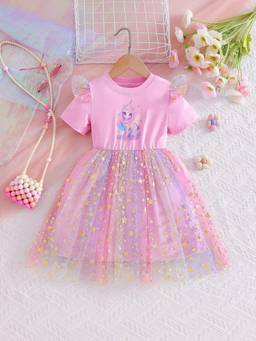 Oh Rare - Girls Pink Unicorn Princess Graphic Printed Party Dress