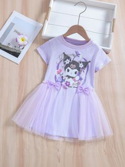 Oh Rare - Girls Lavender Graphic Printed Stone Work Party Dress