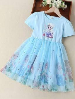 Oh Rare - Girls Blue Mesh Elsa Aisha Princess Graphic Printed Party Dress