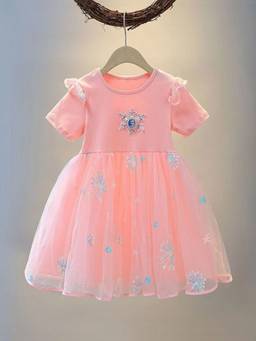 Oh Rare - Girls Peach Elsa Embellished Short Sleeves Tulle Princess Party Dress