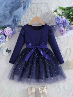 Oh Rare - Girls Navy Blue Embellished Long Sleeves Party Dress