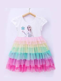 Oh Rare - Girls Multi-Color Elsa Graphic Printed Frozen Rainbow Party Dress