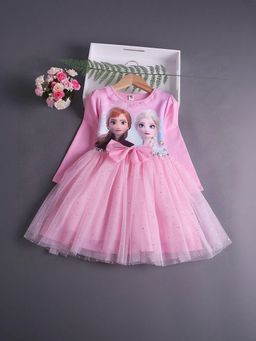 Oh Rare - Girls Pink Elsa Long Sleeves Graphic Printed Dress