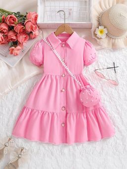 Oh Rare - Girls Pink Preppy Puff Sleeves Cotton Party Dress with Bag